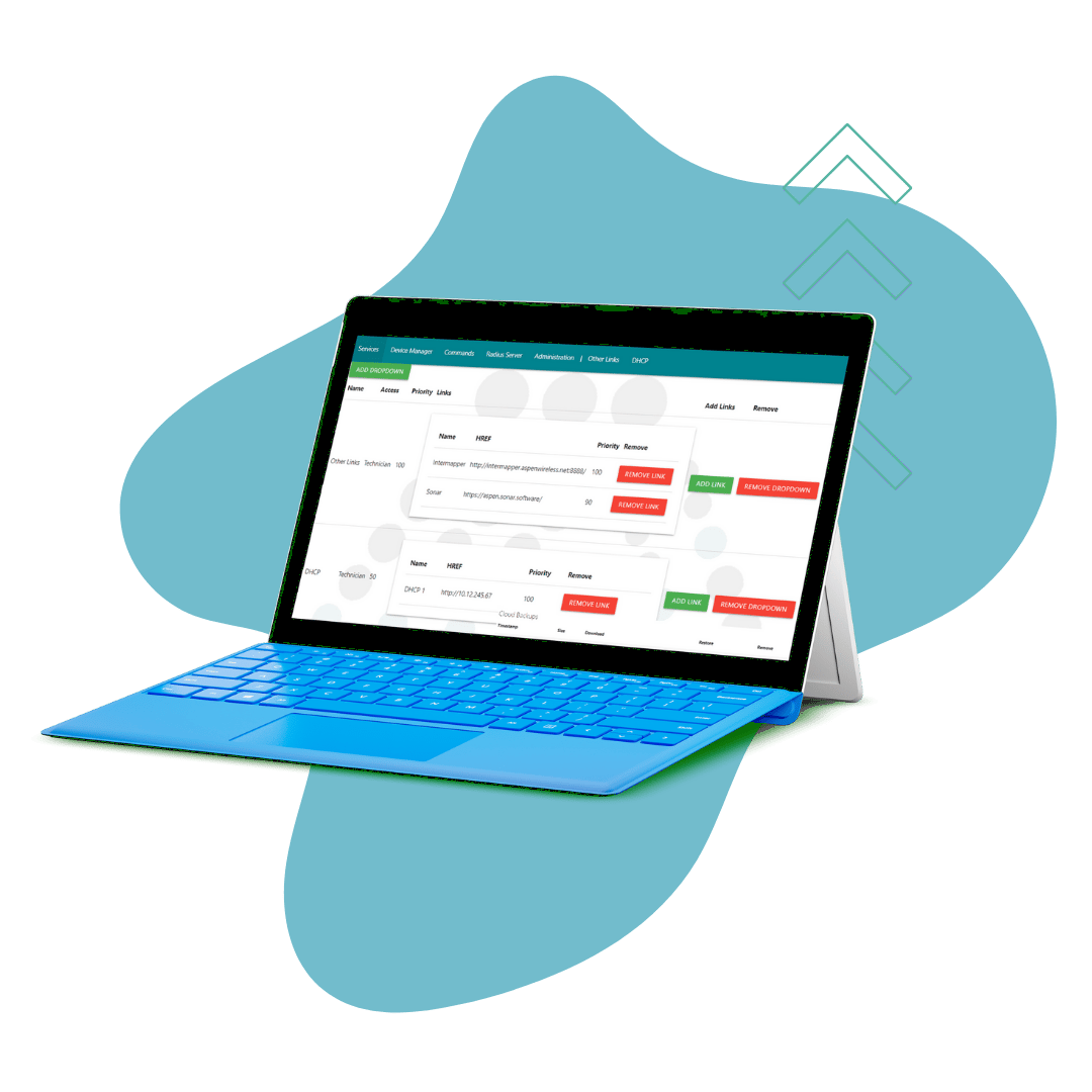 ISPNexus web dashboard showing services, device manager, radius server and DHCP menus